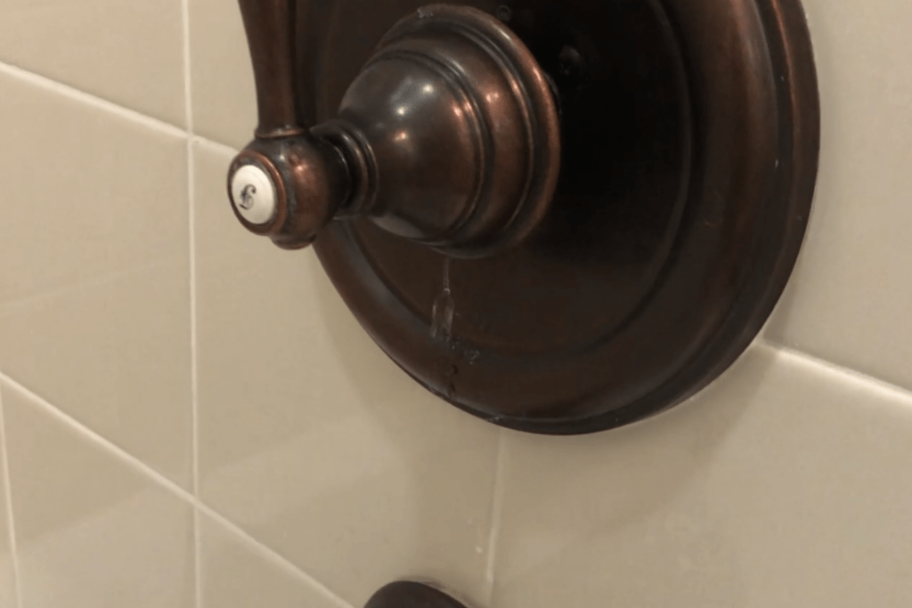 A shower faucet leaking will cause water deposits and corrosion that will need to be addressed and potentially replaced. 