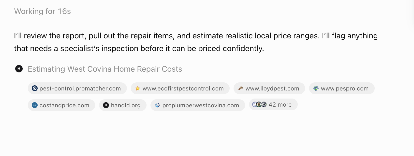An AI tool estimating West Covina home repair costs by searching 49 websites, including cost guide sites and local pest control and plumbing companies.